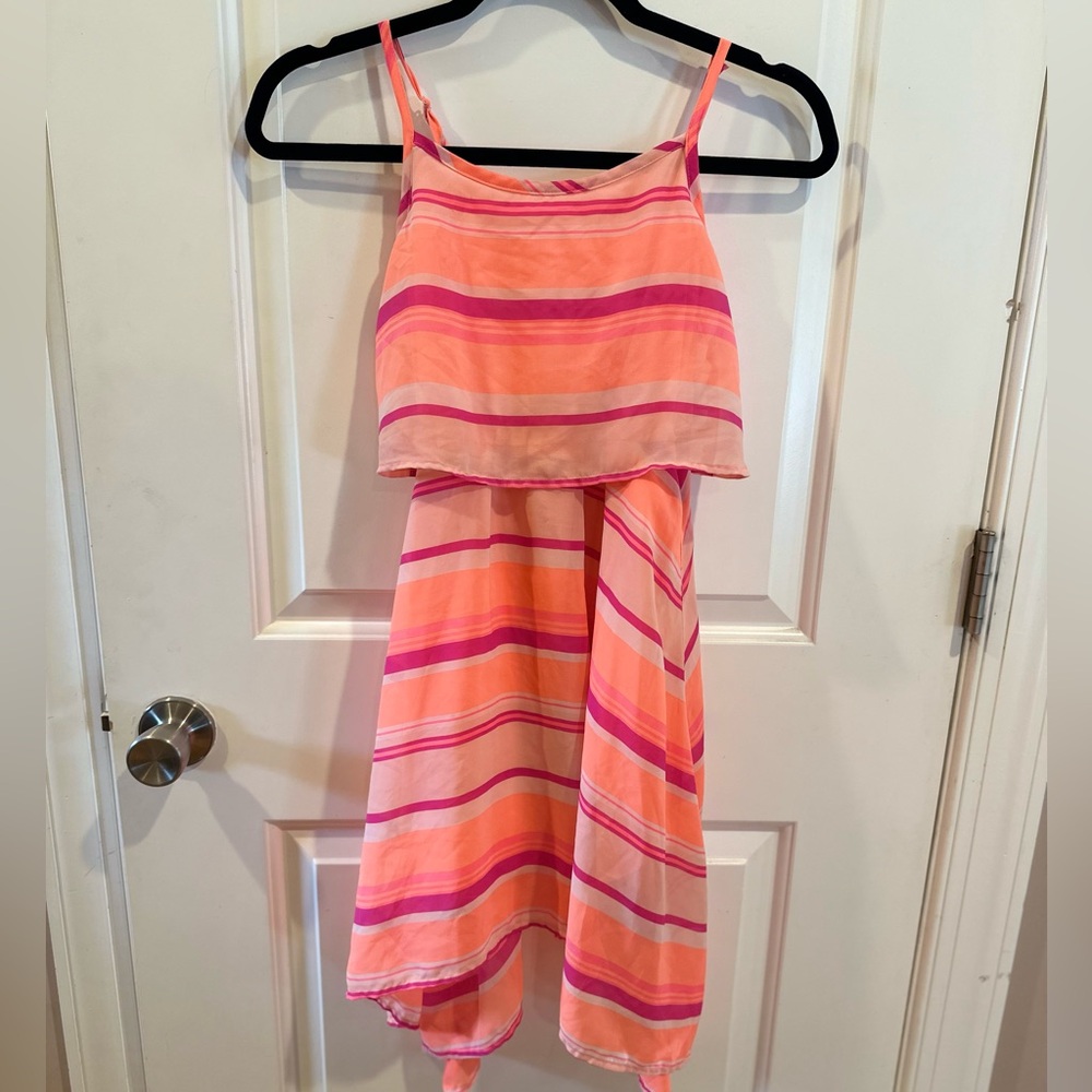 1989 Place Girls Large 10/12 Spaghetti Strap Dress Stripe Neon Orange